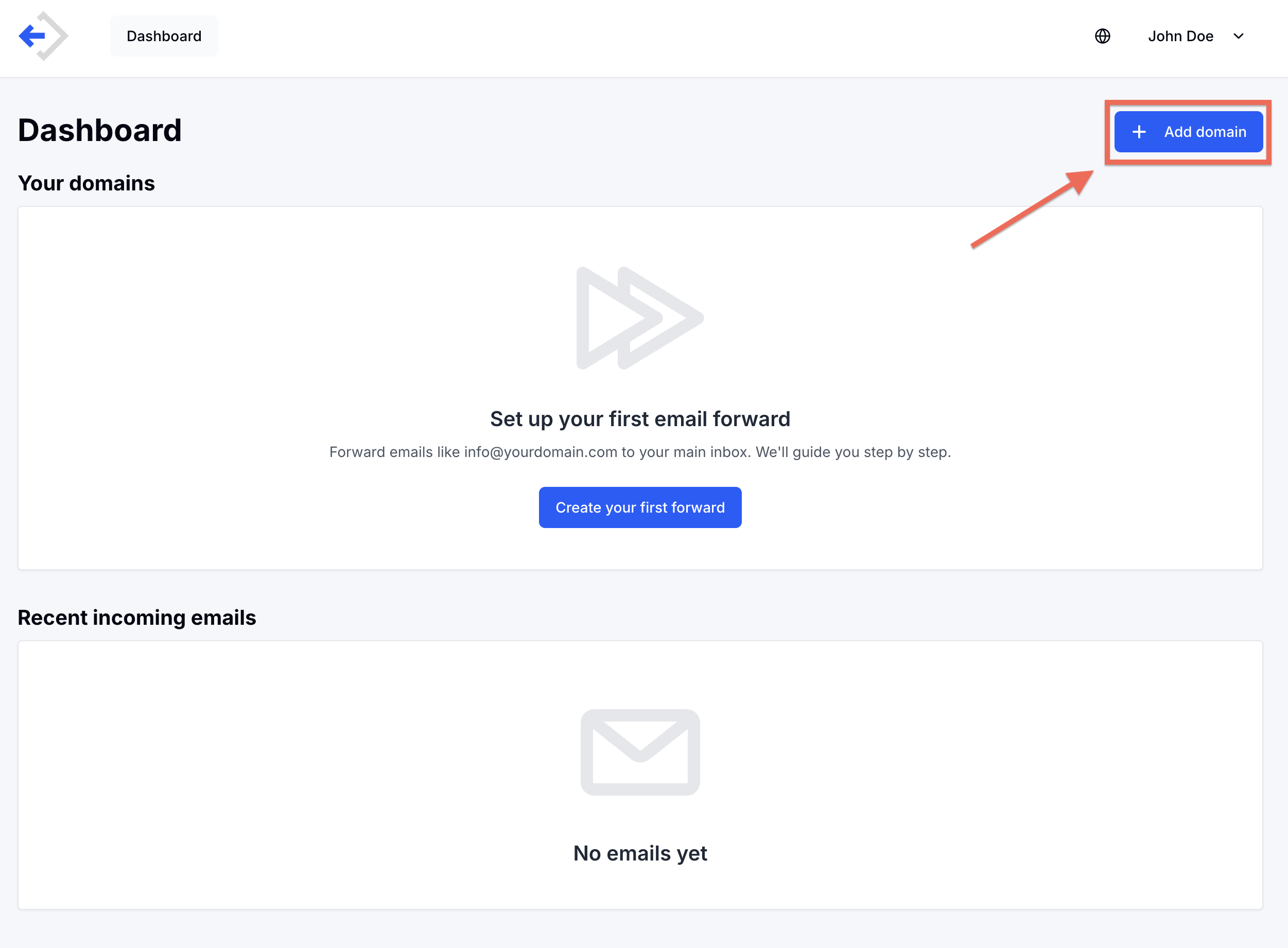 InboxRelay dashboard with Add Domain button
