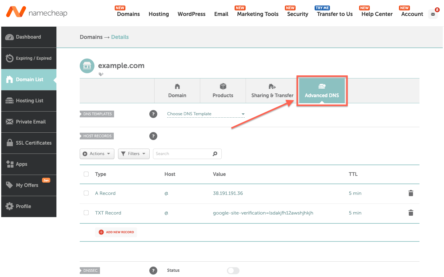 Namecheap domain settings advanced DNS