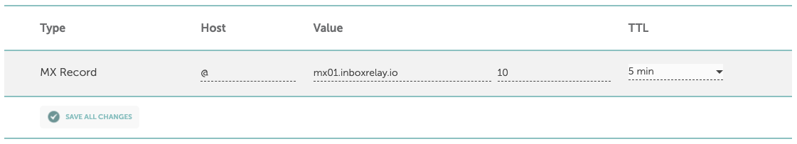 Values for the InboxRelay Namecheap MX record