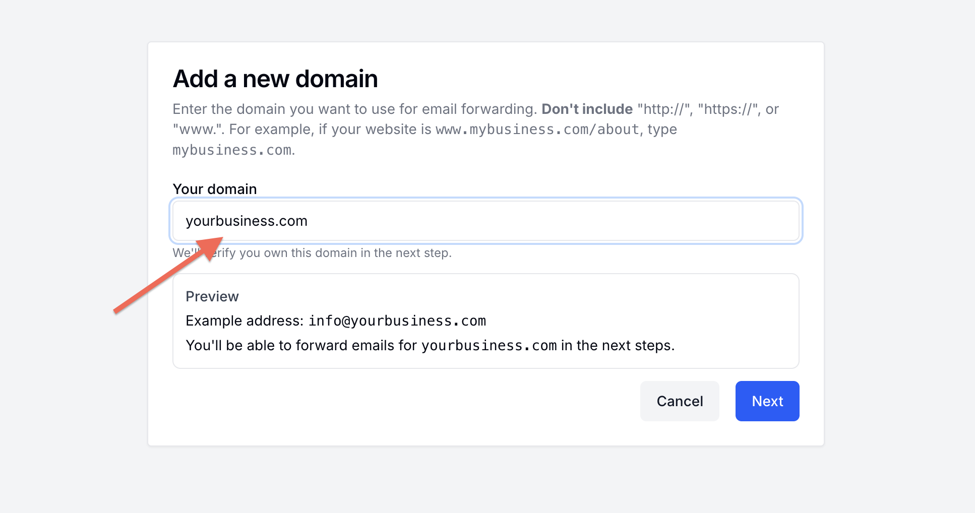 Wizard step 1: Add your domain name