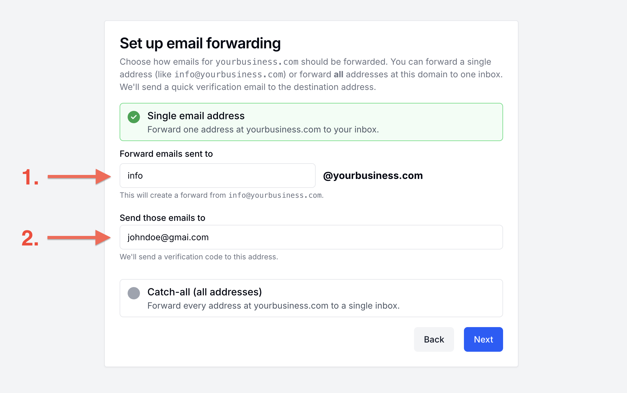 Wizard step 2: Specify forwarding source and target email address